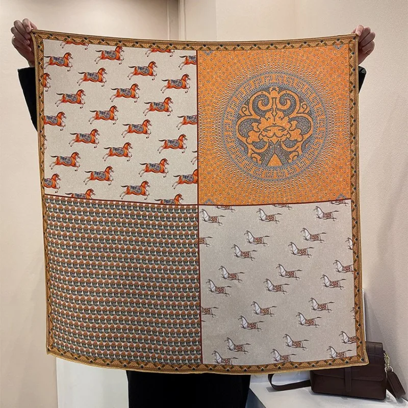 100% Mulberry Silk 90X90cm Vintage Equestrian Horse Square Scarf Print Neck Head Bandana Luxury Earth Tone Wrap For Women Decor