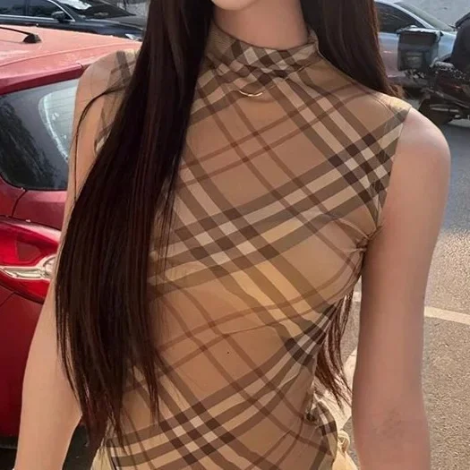 الفرنسية خمر نصف الياقة العالية سترة دون أكمام المرأة الصيف نمط جديد التخسيس منقوشة الأعلى سيدة عصرية عصرية #1