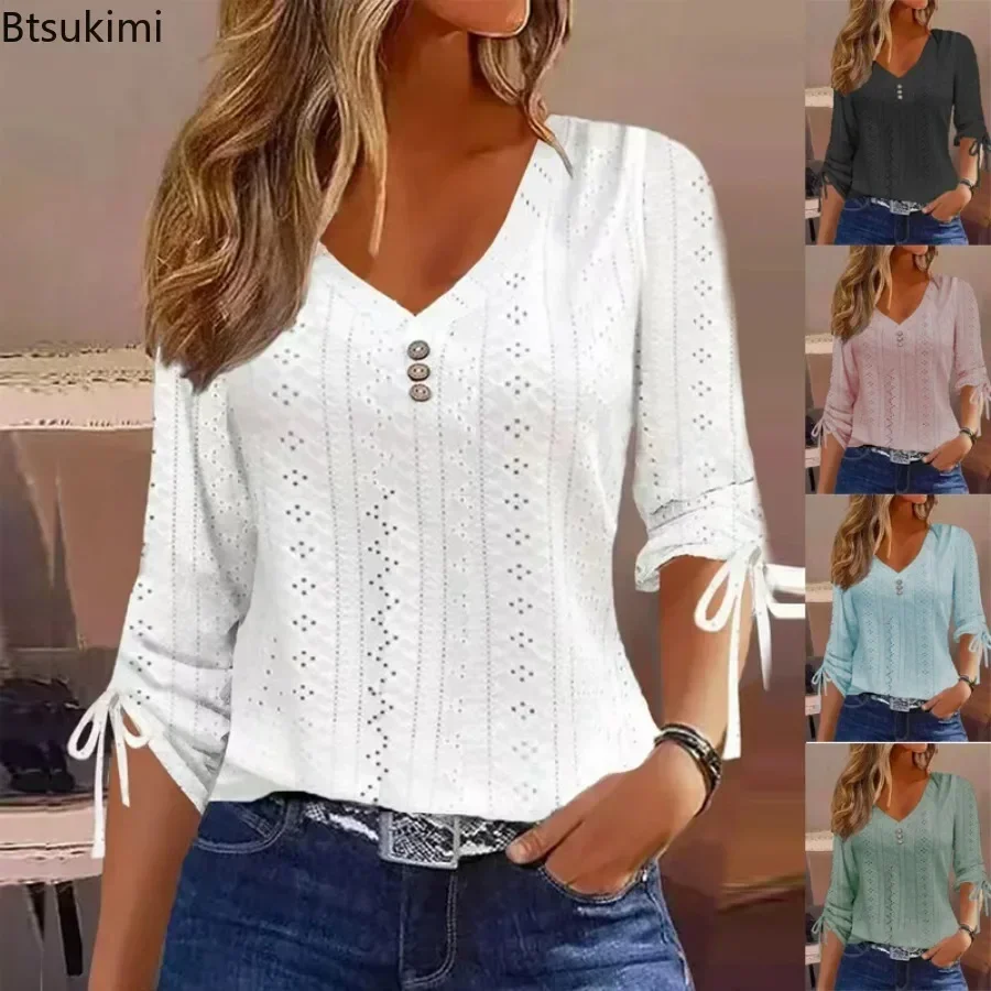 2026 Women's Casual Bottom Shirt Tops Autumn Winter V Neck Loose Solid Jacquard Button Design Long Sleeve T-shirt Tops Female