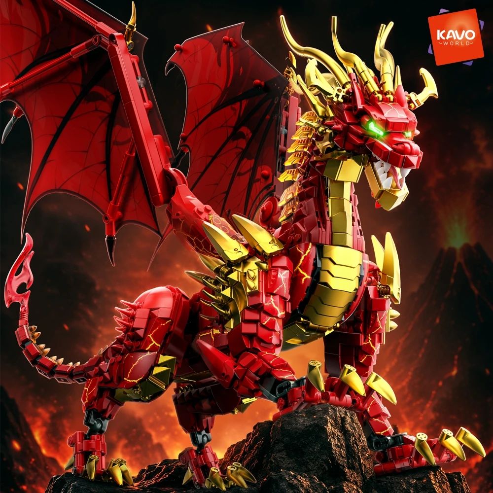 KAVOWORLD 1919PCS MOC Dragon Building Blocks Set Giant Lava Red Dragon DIY Assembly Bricks Model Toy Kit for Adults Fans 60CM Wingspan Articulated Poseable Beast Action Figure with LED Eyes Golden Armor Scales Foldable Wings Desktop Display Halloween Gift