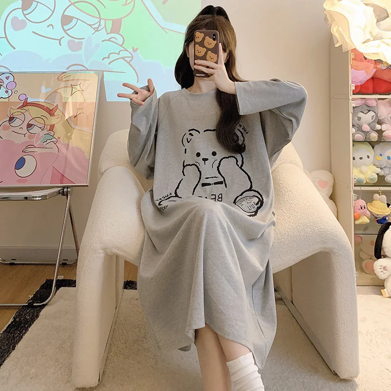 New Spring Summer Cotton Women\'s Pajamas Cute Long-sleeved Nightdress Cartoon Print Dress Home Service