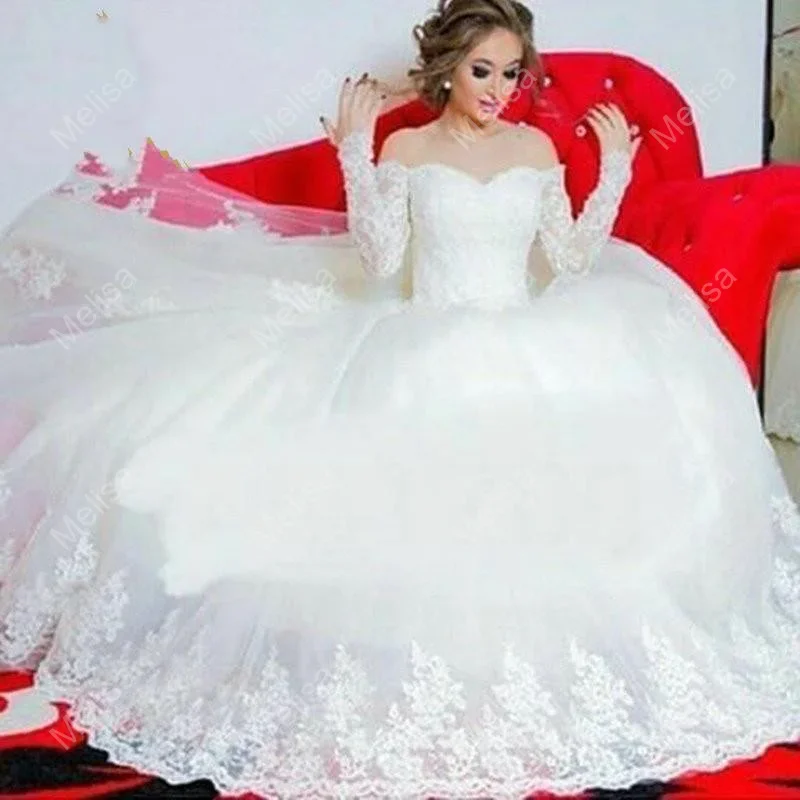 تخصيص الجمال قبالة الكتف الدانتيل يزين فساتين الزفاف سويب تراين Ballgown Vestido De Noiva Princesa زي العرائس