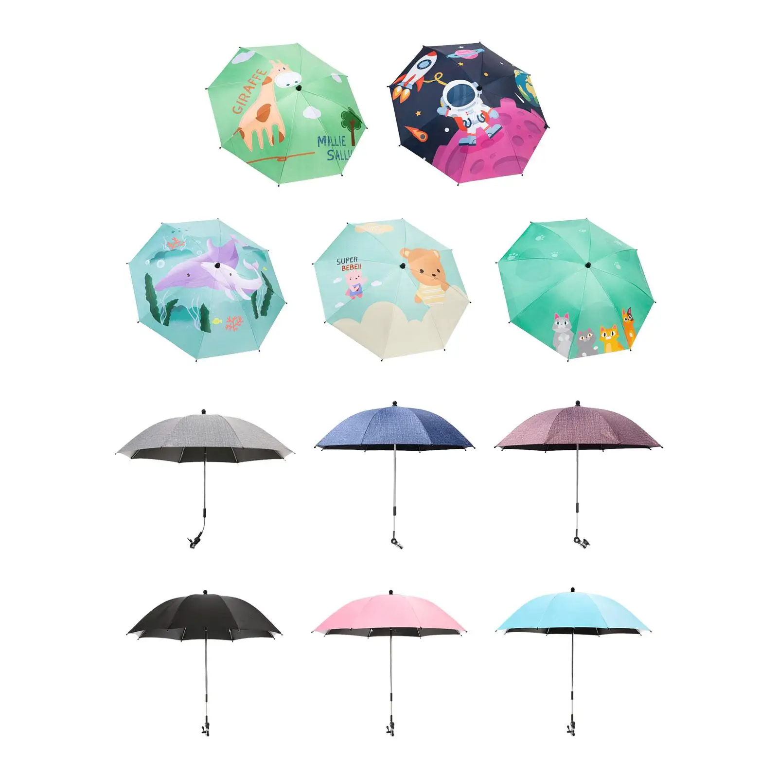 Clip on Umbrella, Universal Baby Parasol with Clamp 360 Degree Adjustable,