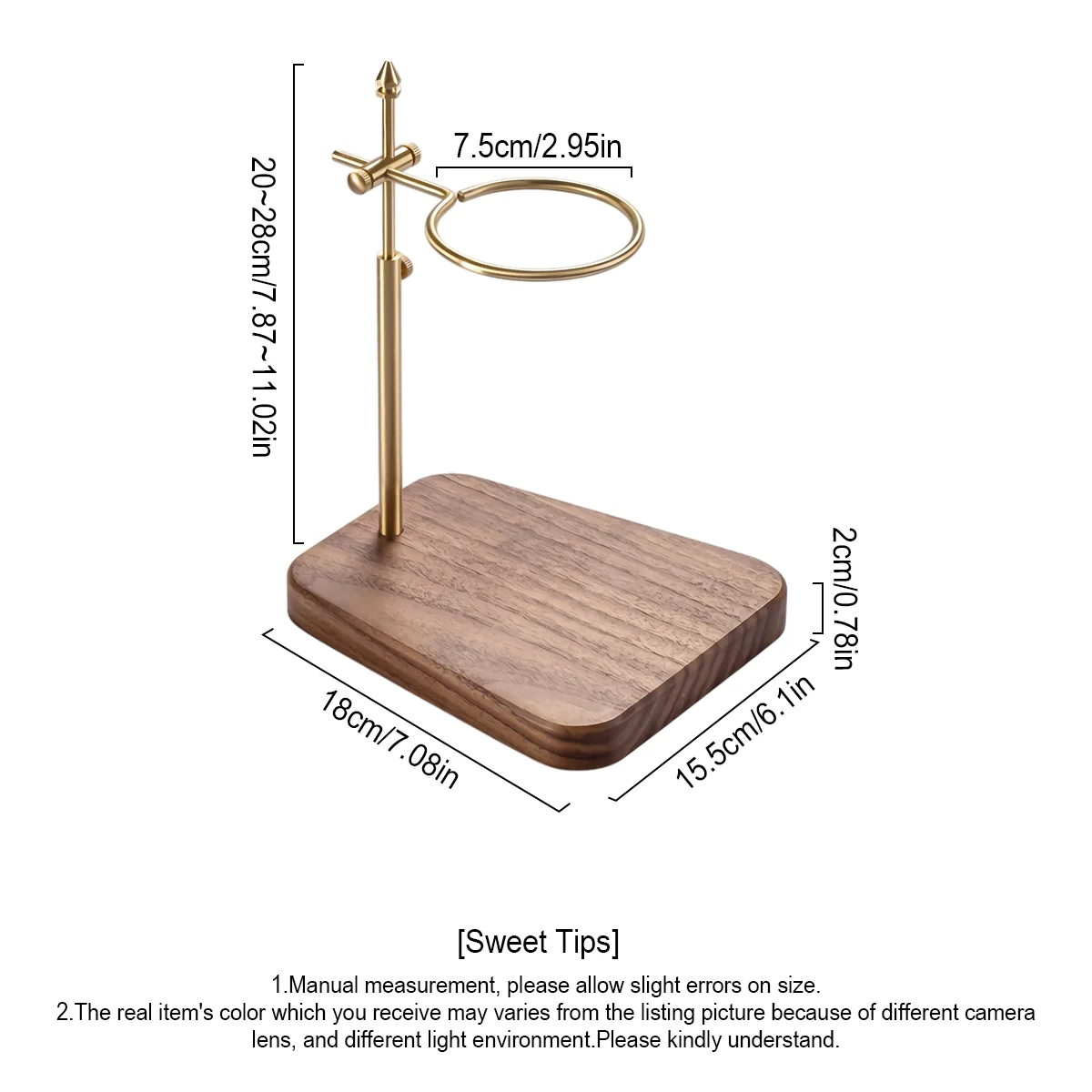 Pure Copper Pour Over Dripper Height Adjustable Coffee Filter Stand with Walnut Wooden Base Pour Over Stand Coffee Station,