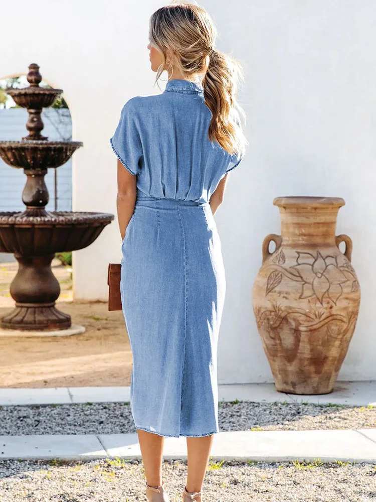 Summer For Women\'s Denim Blue Shirt Dress Vintage Fashion Button Lapel Wrinkle Lace Up Slim Elegant Female Denim Mid Long Dress