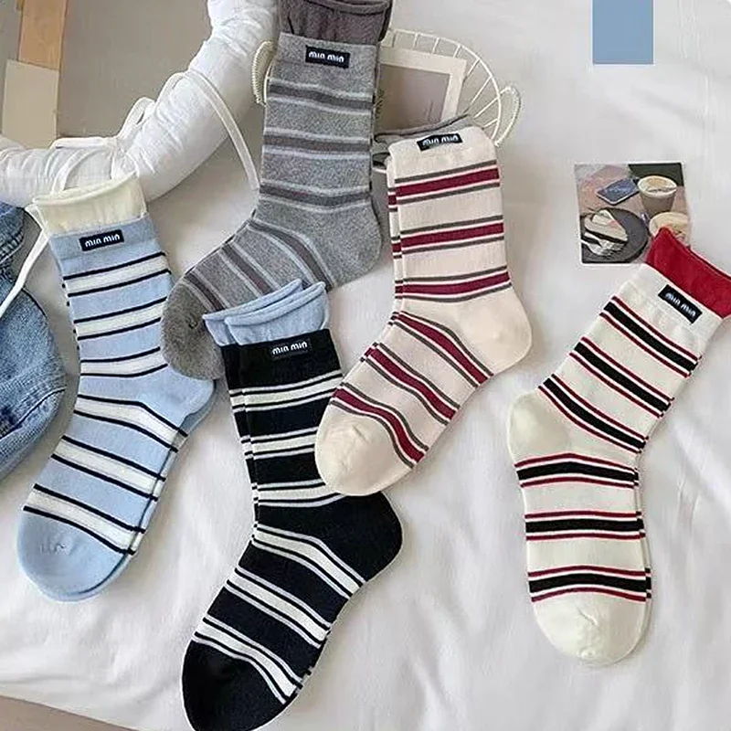 5 Pairs of Classic Striped Children's Mid-calf Socks, Casual Pure Combed Cotton, Comfortable, Soft, and Stretchy