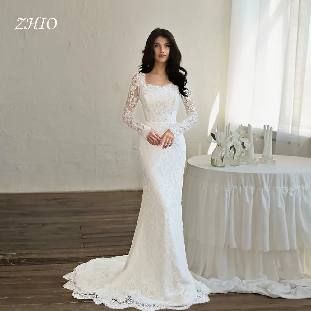 ZHIO Elegant White Lace Wedding Party Dress Sweetheart Full Sleeves Mermaid Sweep Train Evening Gown Customzied  Robe De Mariée