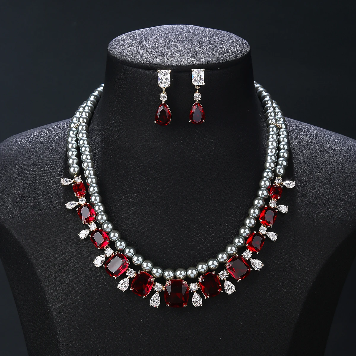 

Cubic Zirconia Pearl Layered Necklace Earrings Sets Ladies Wedding Bridal Women Jewelry Set Party Accessories SE-CN10911A