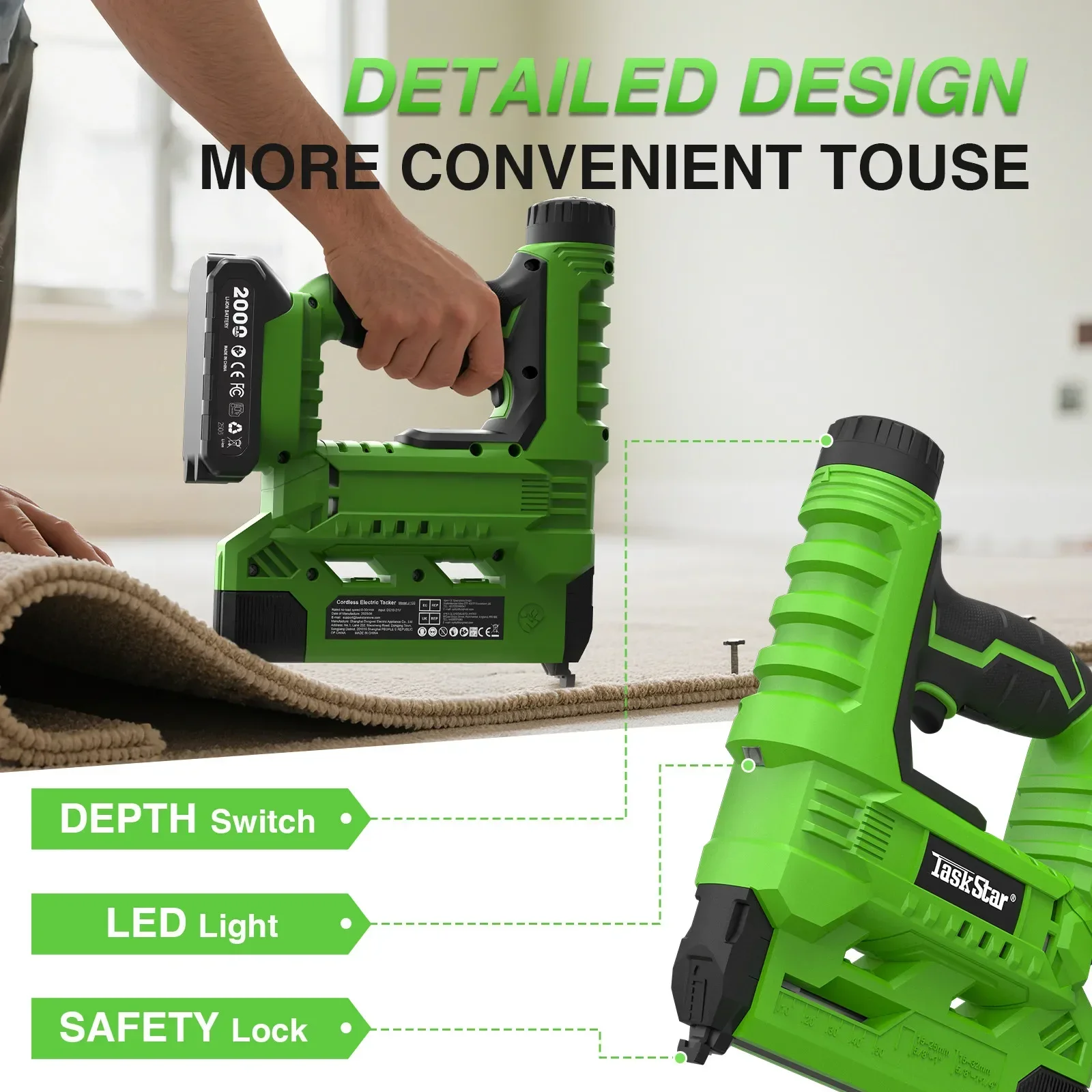 TaskStar 2-in-1 Kabelloser Nagler Elektrischer Nagler mit 2*2Ah Batterien LED-Licht 1000 Stück Bürstenloser Nagler für Holz und Zuhause für Makita