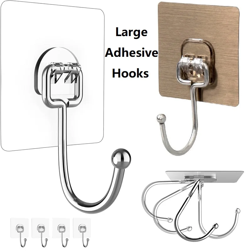 Large Adhesive Hooks for Hanging Heavy Duty Wall Hooks Self Adhesive Hook Waterproof Stainless Steel Hooks for Bathroom Kitchen