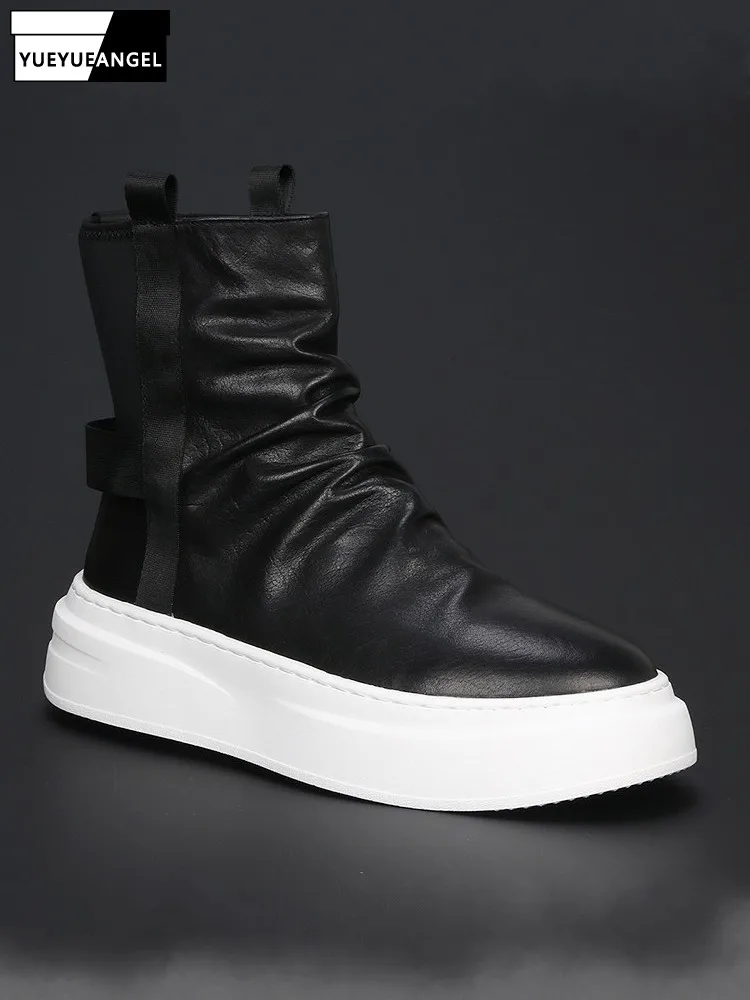 Mens High Top Cowhide Genuine Leather Skateboard Shoes Thick Platform Slip On Loafers Fashion Mens Outside Sneakers Ankle Boots