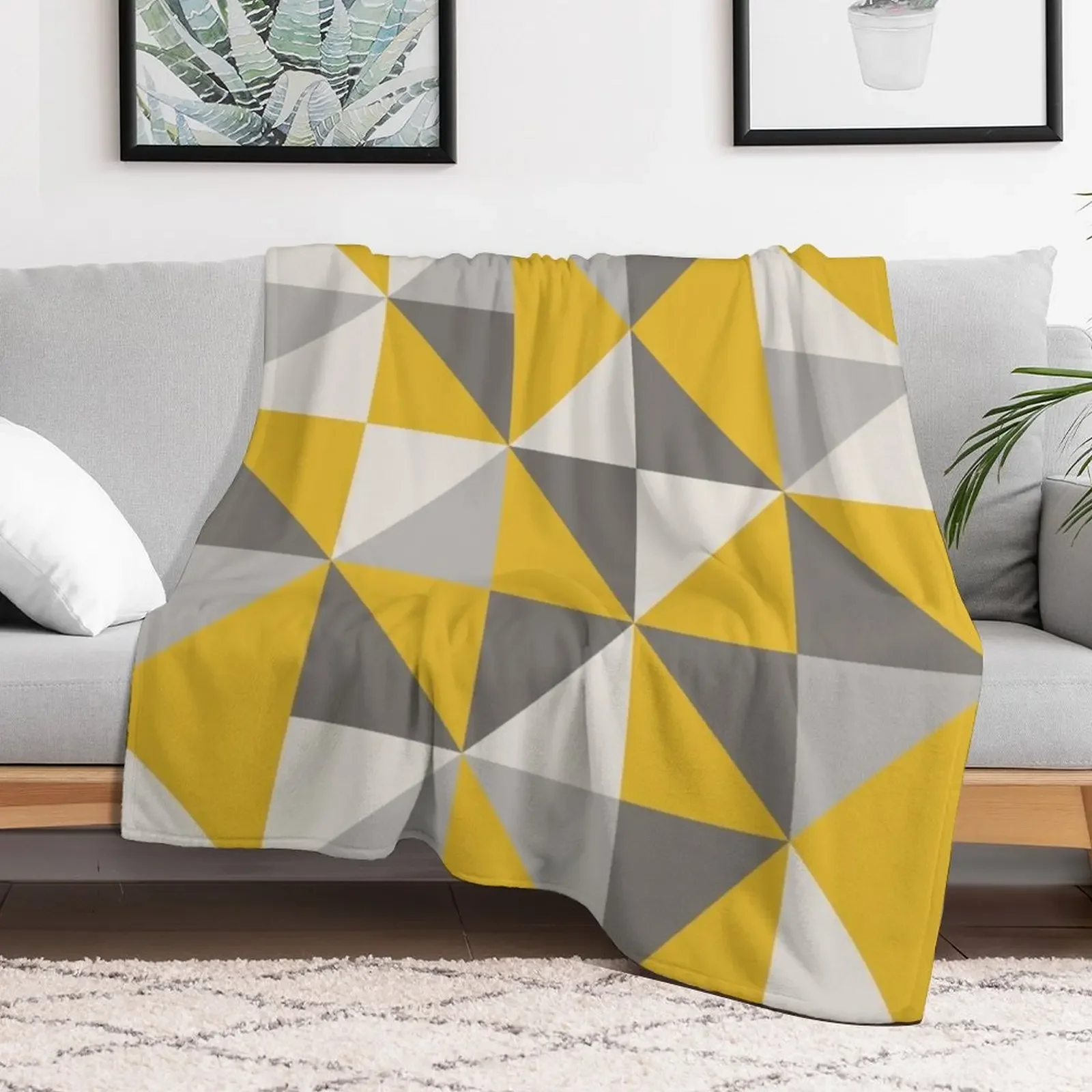 Retro Triangle Design in Yellow and Grey Throw Blanket Soft Breathable Blanket for Night Sleeping