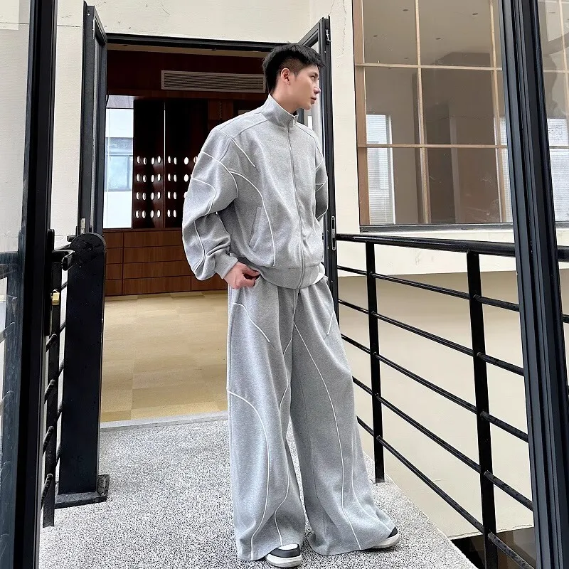 WTHT Fashion Men's Suit Spliced Deconstruction Striped Coats Casual High-waisted Wide Leg Trousers Male 2025 Autumn 2A1843