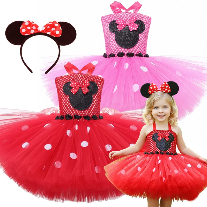 Vestido de tutú rojo de Minnie y Mickey para niñas, disfraz de lunares, vestido de princesa elegante para niñas pequeñas, ropa para fiesta de cumpleaños, vestidos de tul