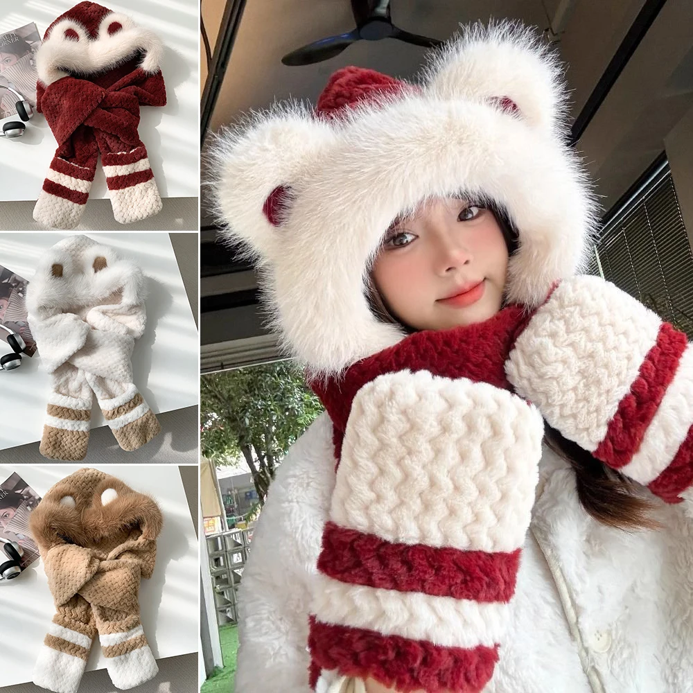 

Цельная шапка-балаклава с капюшоном и ушками лисы, с интегрированными наушниками, шарфом и ушками медведя, теплая пушистая шапка-капюшон, мультяшная шапка