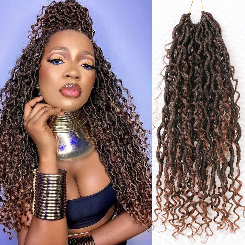 Full Star Goddess Locs Crochet Braids Hair Natural Synthetic Braiding Hair Extension Ombre River Faux Locs With Curly Hair