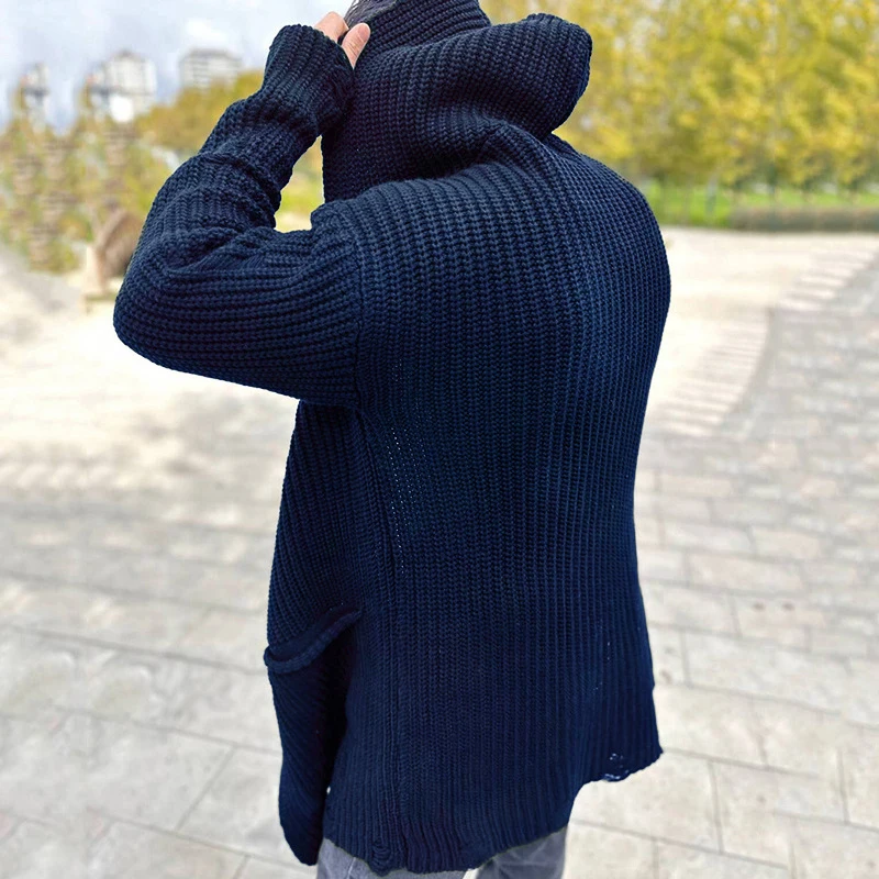 2025 Spring Trendy Mens Sweater Jacket Coat Vintage Pockets Turn-down Collar Knitting Coats Men Casual Solid Color Sweatercoats