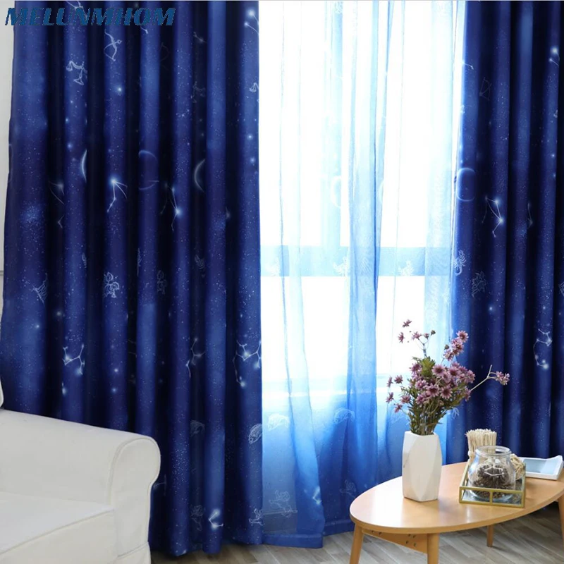 American Unique And Romantic Navy Blue Starry Sky Shade Curtains for Living Room Korean Children's Bedroom Space Star Drapes