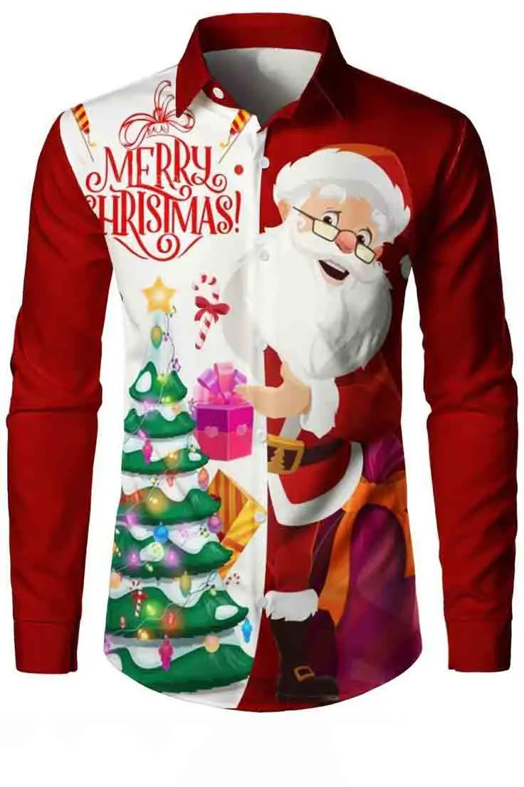 Men's shirt 3D Santa Claus element theme printing fun long-sleeved Christmas lapel shirt casual New Year Christmas gift shirt