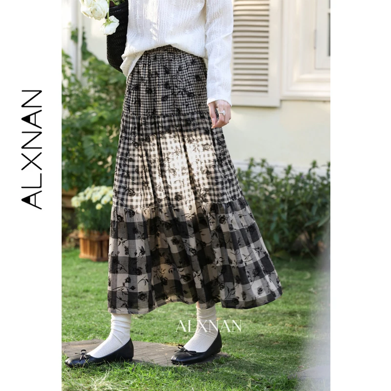 

ALXNAN Women's Black Plaid Patchwork Design Spring Midi A-line Skirt 2026 Elegant Casual Skirt Ladies Printed Long Skirt L61823