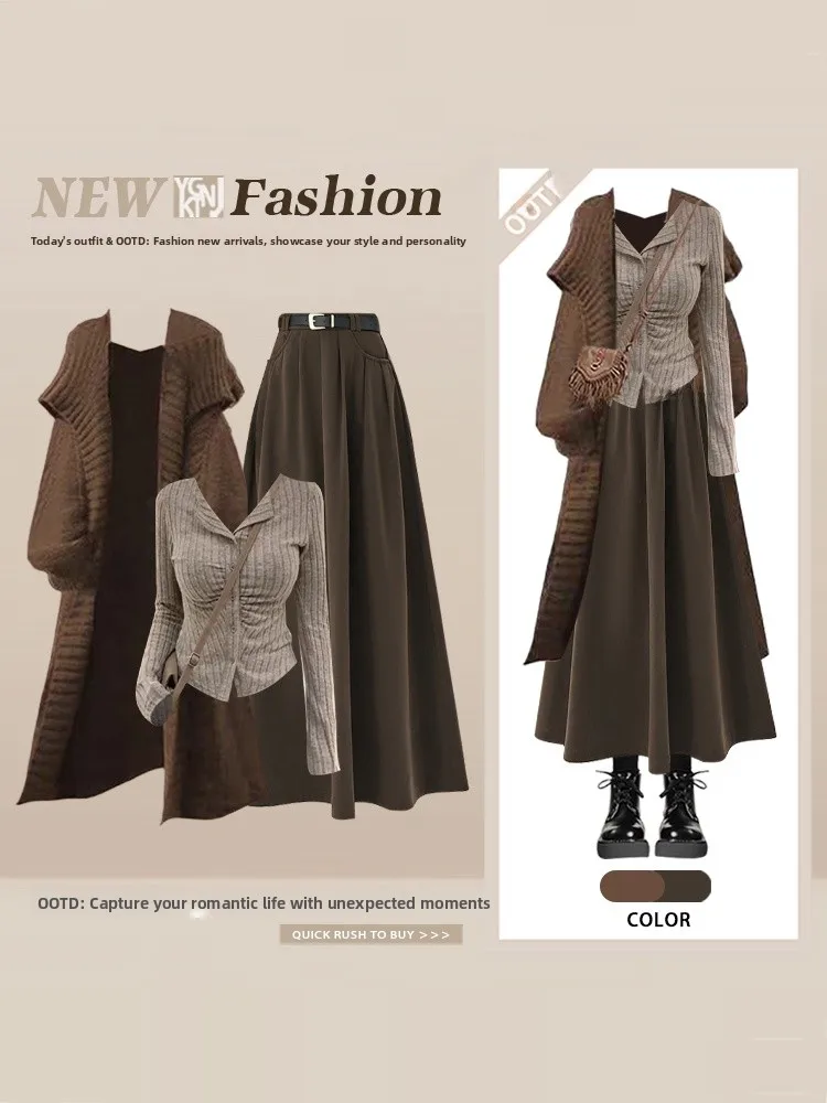

Retro Korean Knitted Sweater Coat Skirt Tee-Piece Set Women's Winter Faion Ensemble Sophistied Light Maturi Sle