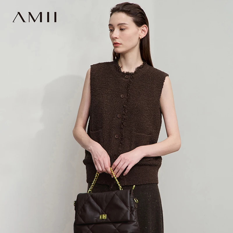 AMII Women's Vest 2025 Autumn New O-neck Elegant Retro Knitted Vest Women's Casual Versatile Loose Sleeveless Top Female12543082