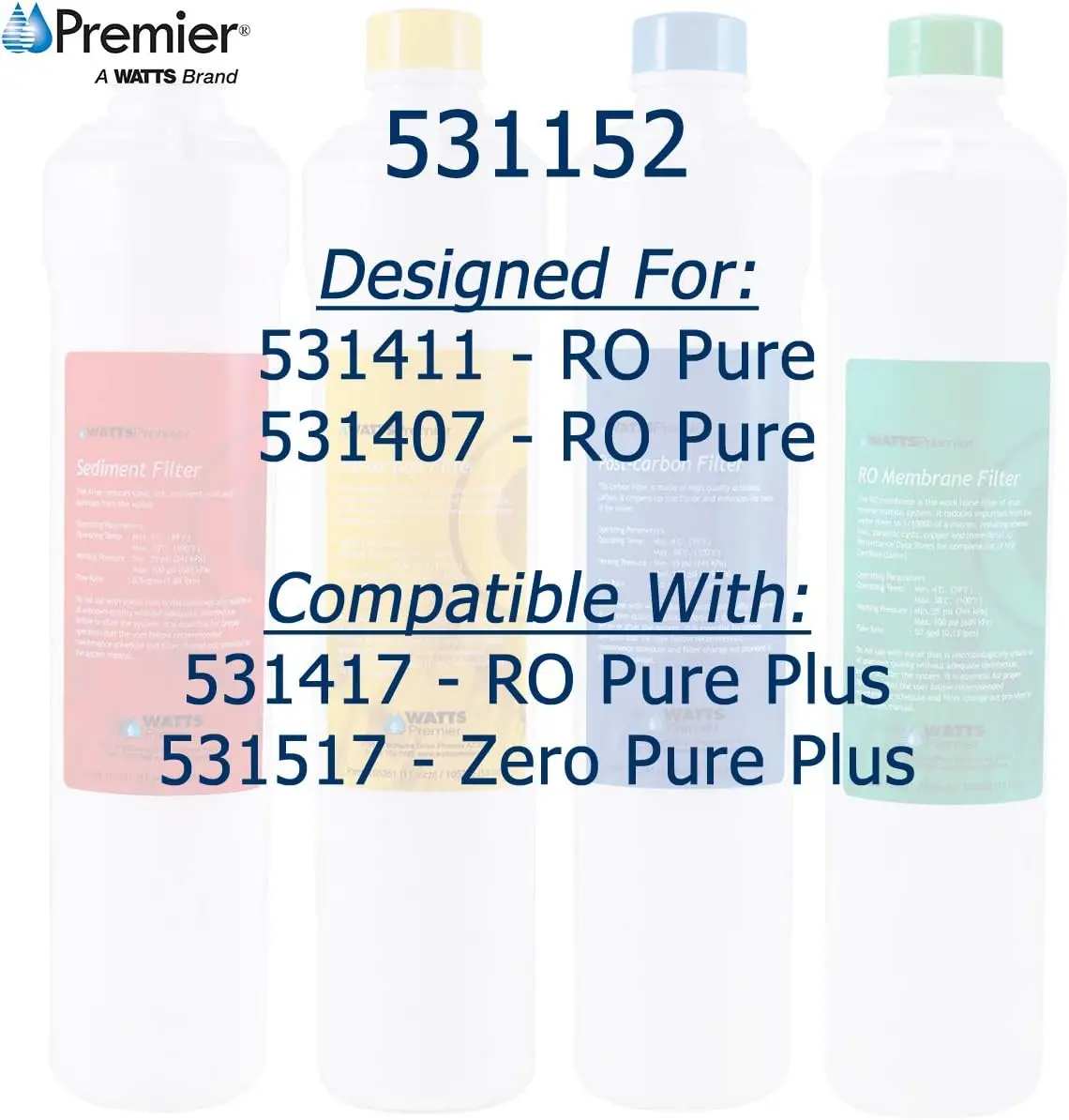 WP531152 RO sistema de filtración de ósmosis inversa pura, Cartucho de repuesto de agua, Multicolor, paquete de 4