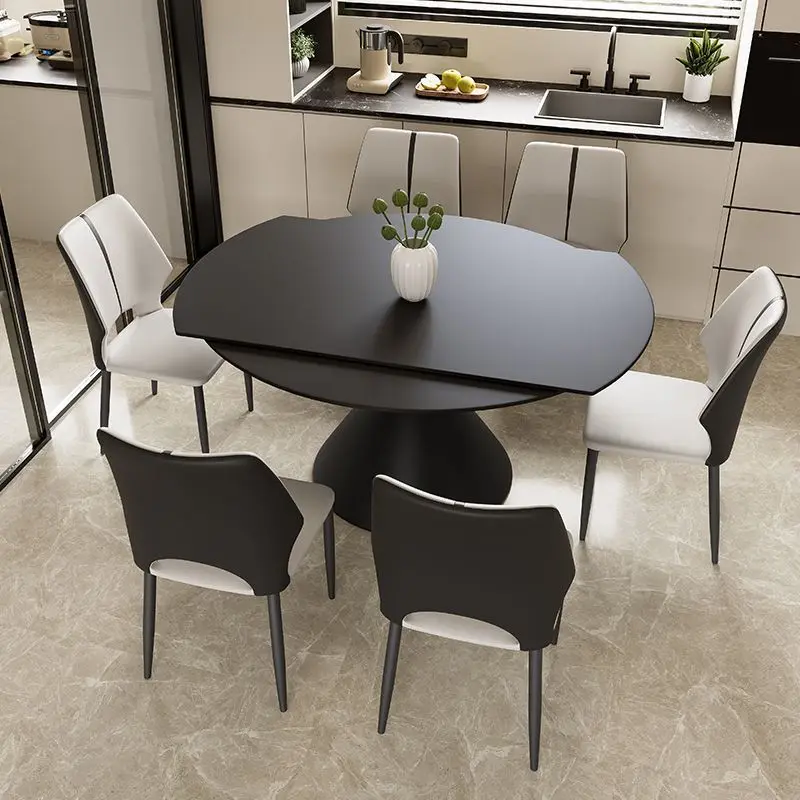 Black rotating retractable Italian dining table light luxury small apartment square and round round tab le