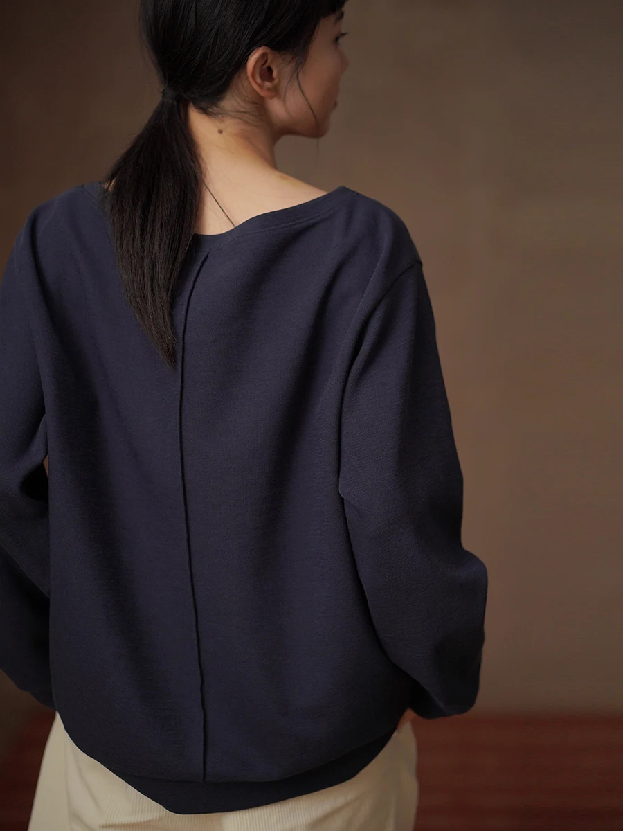 Hacikis Miss Teeth Casual Loose Long Sleeve One-Shoulder Hoodie Women's Comfortable Breathable Standard Fit Pure Color T-shirt