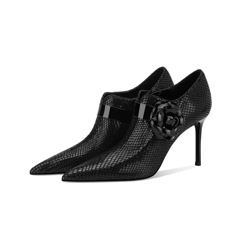 

Black Camellia High Heels 2025 New Women Boots Pointed Toe Stiletto Side Zipper Ankle Boots