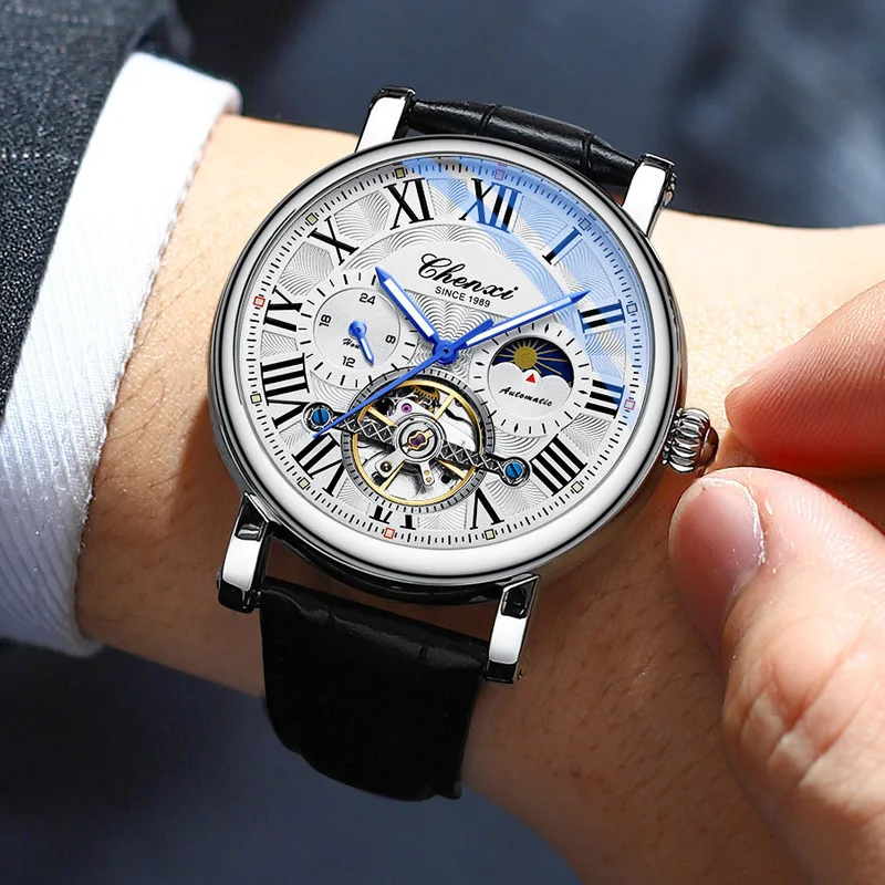 Business Casual Style Mens Automatic Mechanical Watches Birthday Gift for Lover Male Simple Moon Phase Wristwatch Leather Strap