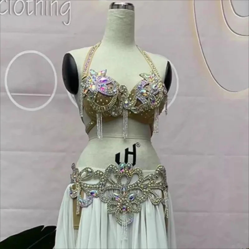 تخصيص أزياء الرقص الشرقي الصناعة الثقيلة أداء الرقص الشرقي فستان ثلاث قطع مجموعة حمالة صدر بيضاء + غطاء الخصر + فستان طويل #1