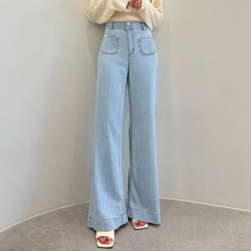 Light Blue Wide Leg Jeans Women Streetwear High Waisted Jeans Ladies Pockets Loose Korean Fashion Y2k Denim Pants Mom