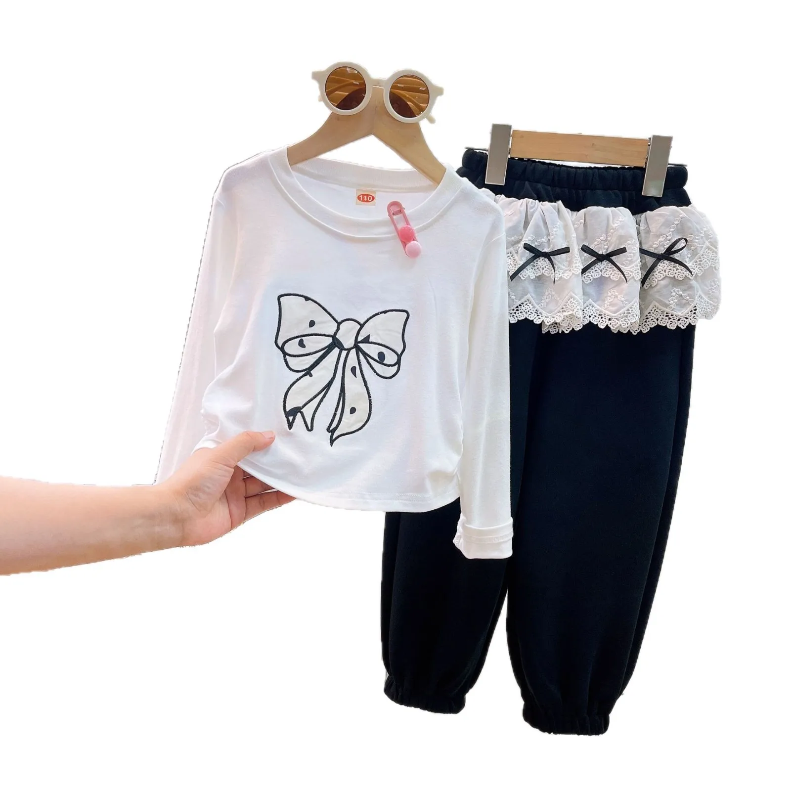 مجموعات الأطفال الفتيات الخريف مجموعة القوس طويلة الأكمام بلوزات و الدانتيل تقليم Sweatpants 2 قطعة الزي للأطفال الكبار #5