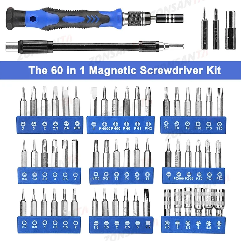 ZONSANTA 60 in 1 Magnetic Screwdriver Set Precision Screw Driver Multi-function Precision Mobile Phone Repair Device PC Camera