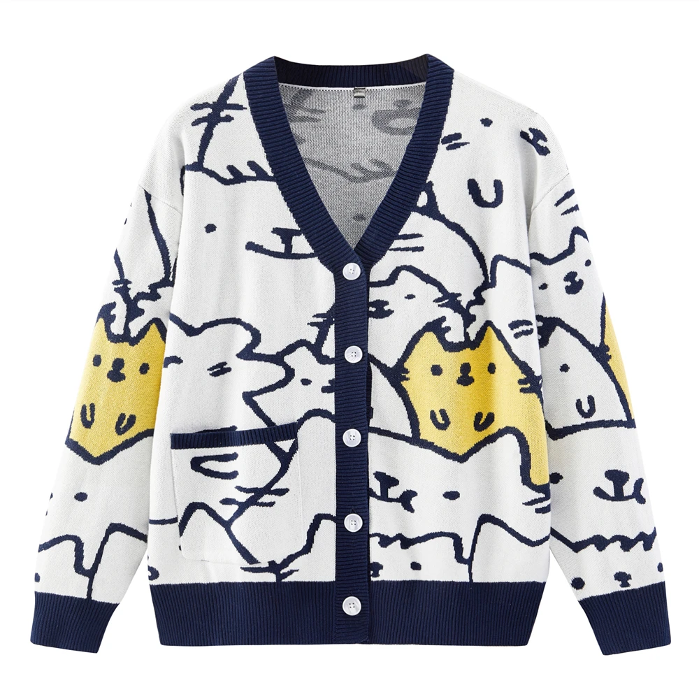 Women's Kawaii Cat Cardigans Cotton Long Sleeve Oversized Chunky Sweaters with Pocket Button Down Open Front Cardigan Sweaters