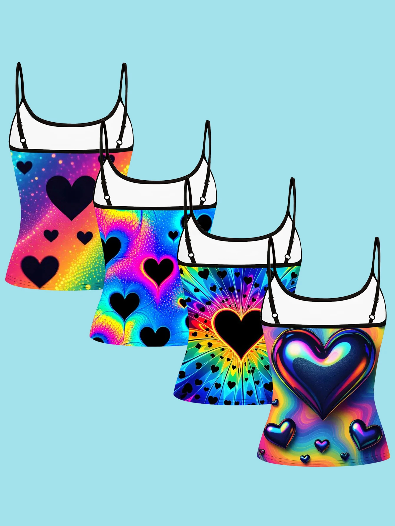 4-Piece Set of Colorful Heart-Shaped Camisoles, European and American Y2K Style Rainbow Gradient Print Spaghetti Strap Sleeveless Tops