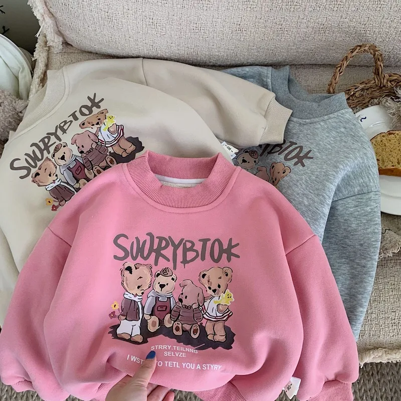 

2025 Winter New Children Fleece Sweatshirt Cartoon Print Girls Warm Pullover Plus Velvet Thick Kids Boys Casual Sweatshirts