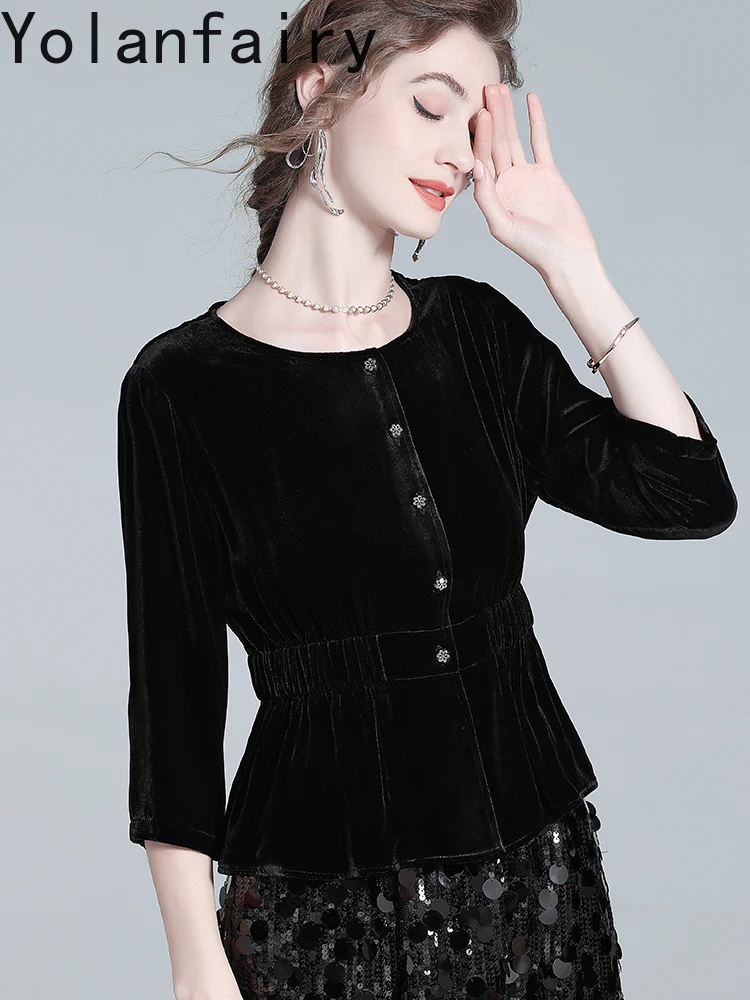 YOLANFAIRY véritable soie velours chemises femme vêtements 2025 début automne haut de gamme mince haut pour femme 100% mûrier soie chemise femme