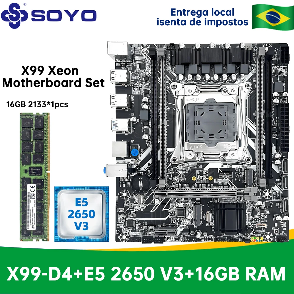 

SOYO X99 Motherboard Set Kit With LGA2011-3 Xeon E5 2650 V3 CPU DDR4 16GB (1*16G) 2133MHz RAM NVME M.2 SATA for Desktop Computer