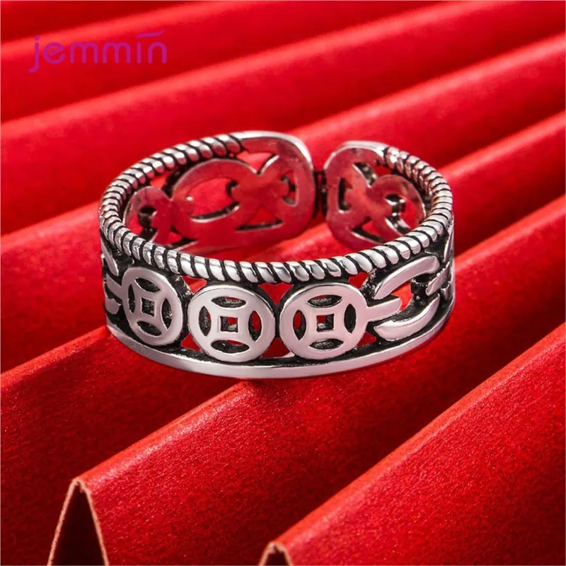 Ancient Coins Pattern Finger Ring For Women Real 925 Sterling Silver Adjustable Ring Fine Jewelry New Arrivals Accessory