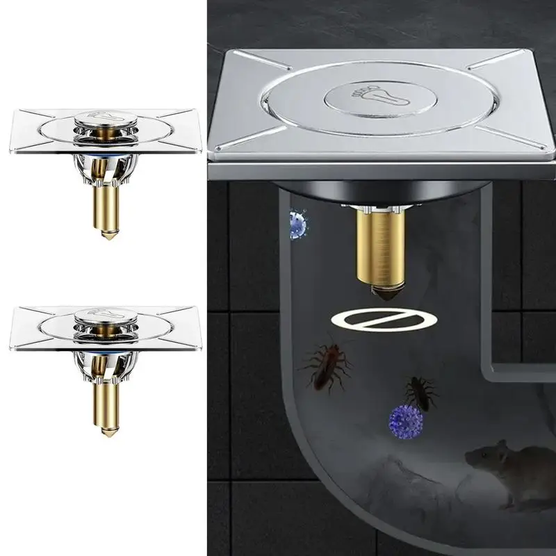 Bathroom Drain Stopper Floor Odor Prevention Square Drain Sink Drain Stopper Foot Pedal Design Brass Core Tub Hair Catcher