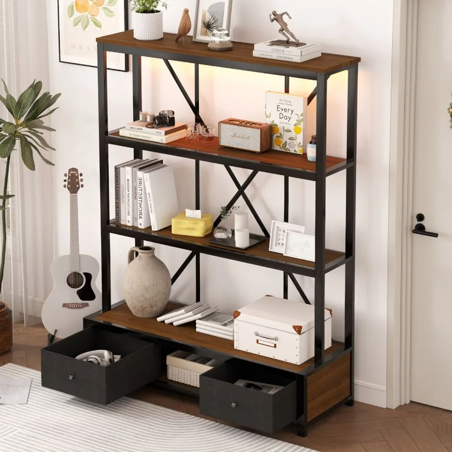 

3Shelf Metal Bookcase with Drawers for Home Office Open Bookcase Vintage Industrial Style Bookcase with LED Walnut Color