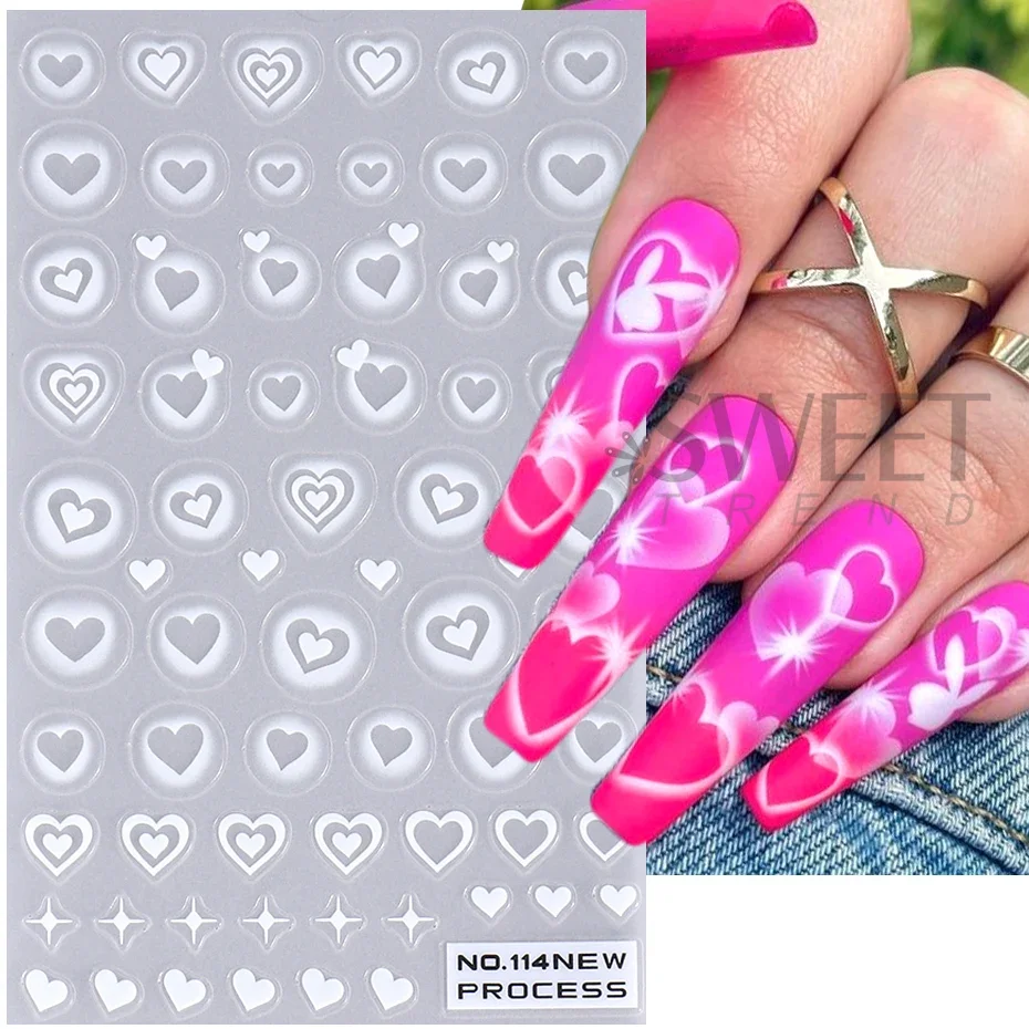 3D Heart Stars Nail Stickers Matte White Airbrush y2k Love Heart Valentines Gradient Bloomming Slider Gel Polish Nail Decoration