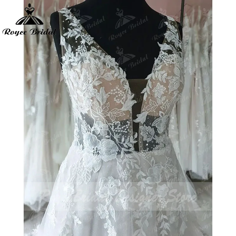 2022 Mariage Boho 탱크 라인 웨딩 드레스 딥 브이 넥 레이스 Appliqued Backless 세련된 웨딩 드레스 맞춤 제작 Vestaglia Sposa