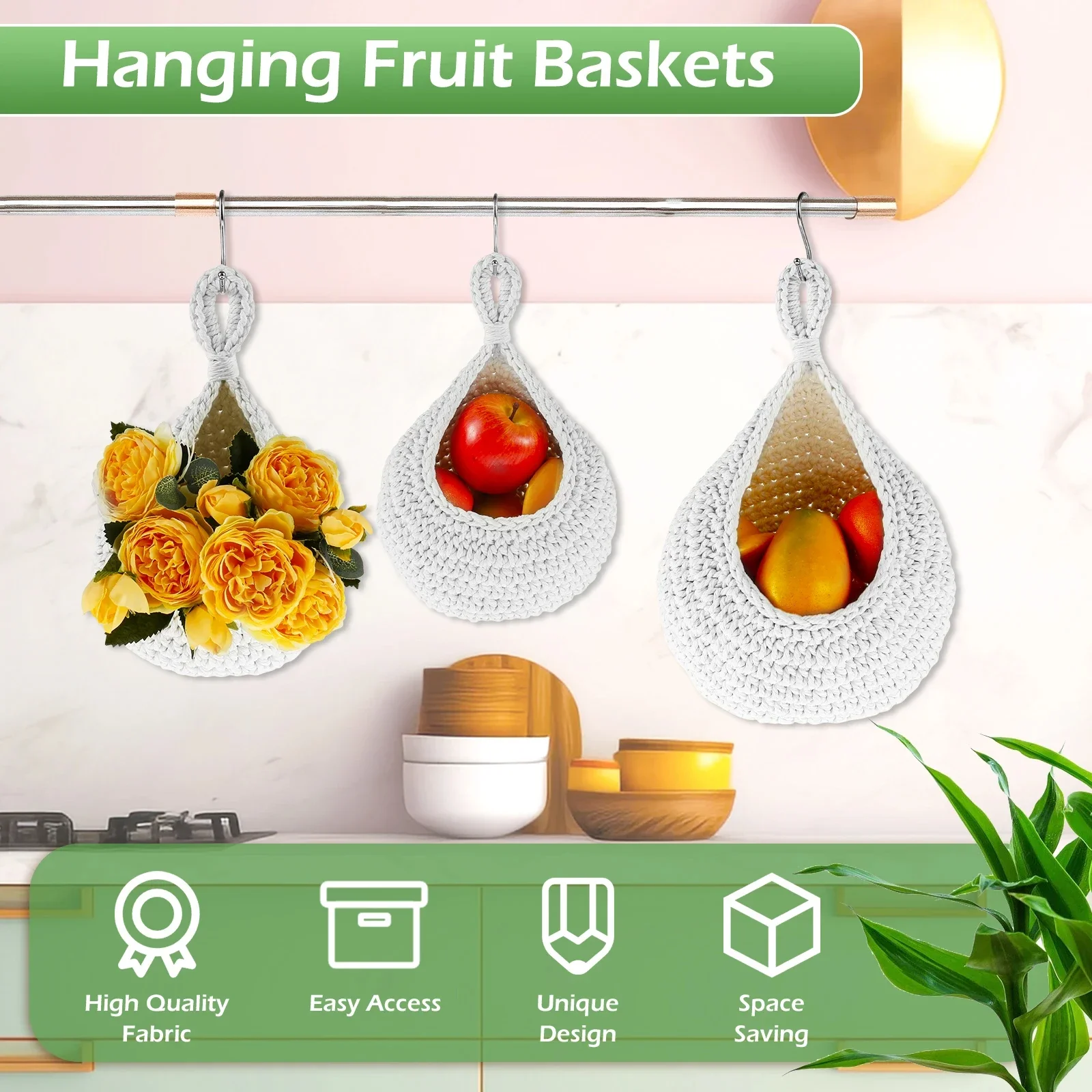 3Pcs Hanging Fruit Baskets Handwoven Vegetable Baskets Breathable Woven Cotton Rope Storage Baskets Kitchen Organizer New