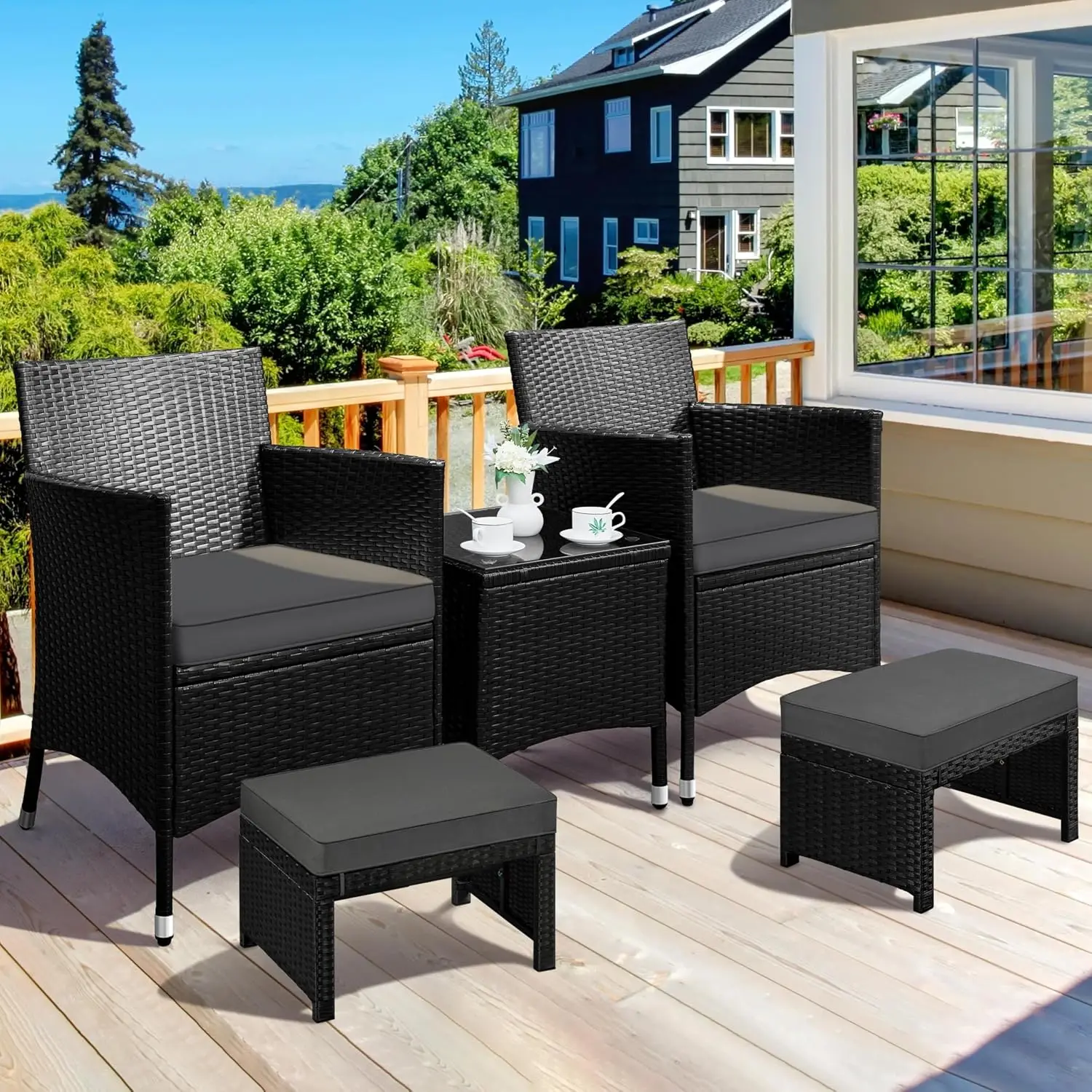 Wicker Ottomans, 2 Footrest with Removable Cushion, Black/Gray | 2pcs PE Rattan Side Table Additional Seating, Customized