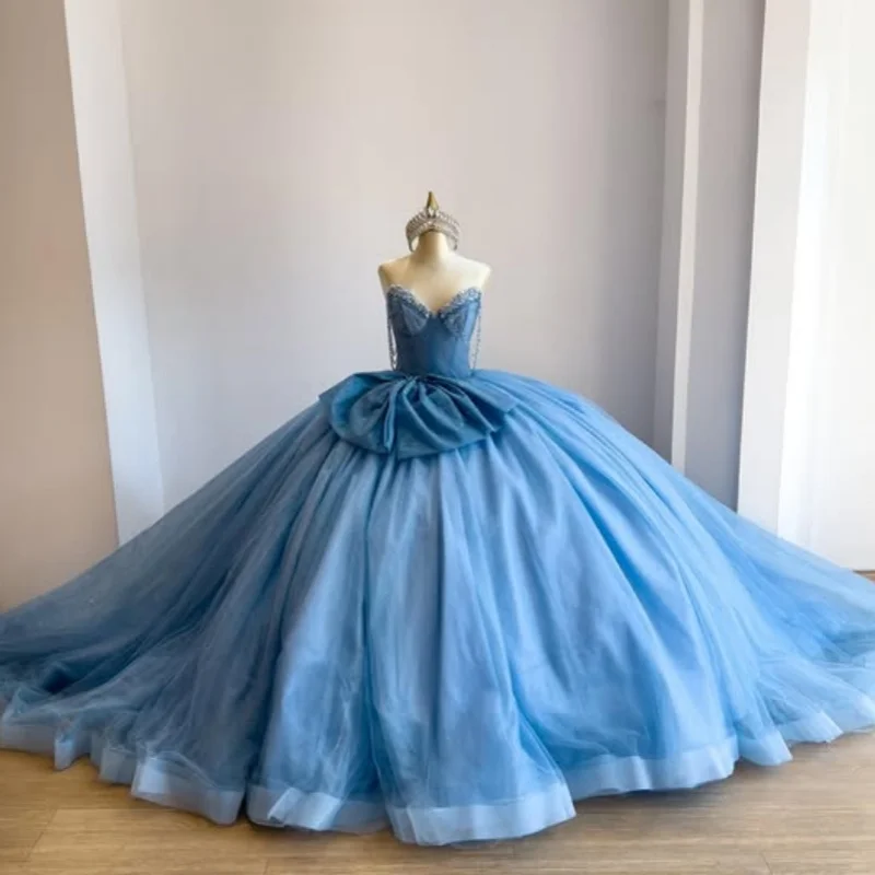 

Shiny Blue Quinceanera Dress Crystal Glitter Decal 3D Flower Long tail Bow Vestidos De 15 Quinceanera ﻿Customize