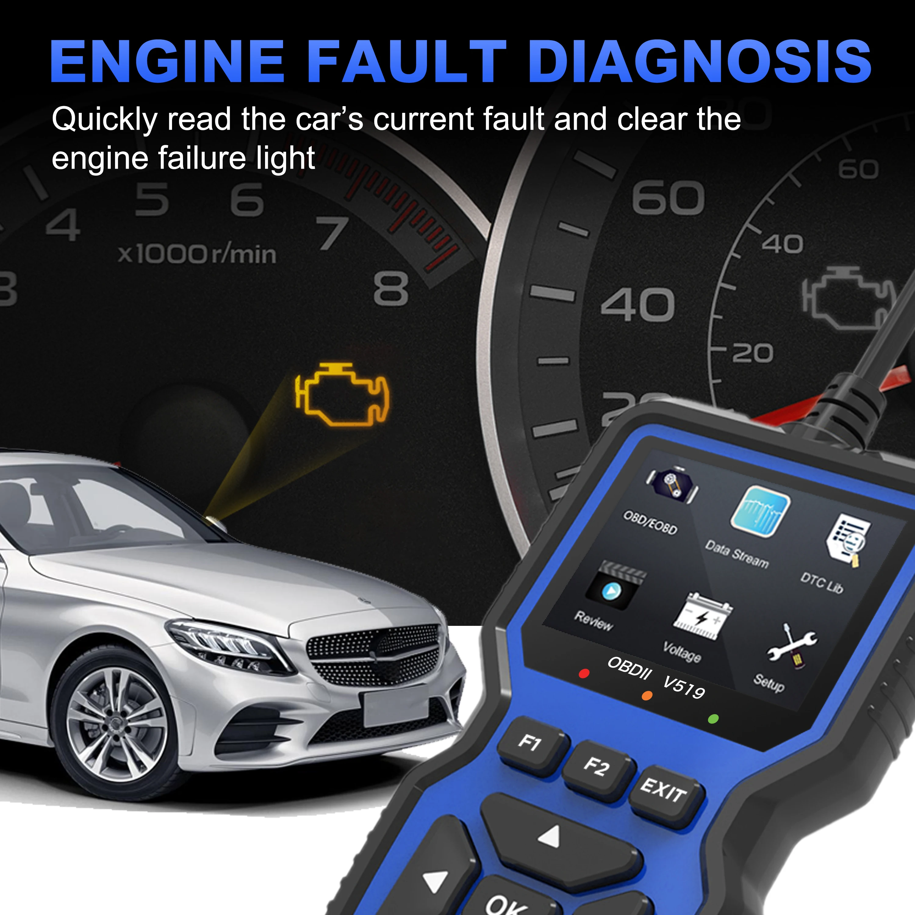 V519 Automotive Troubleshooter obd2 elm327 Engine Fault Read Data Battery Voltage Detection