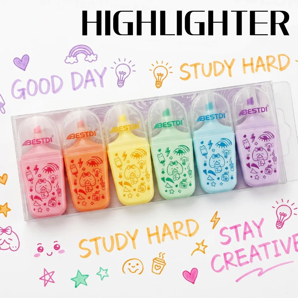 3/4/5/6 Stück Kawaii Cartoon Textmarker-Set Sanfte Farben Glatt Schreibende Anti-Verschmier-Marker für Büro Alltag Studium Basteln Dekoration